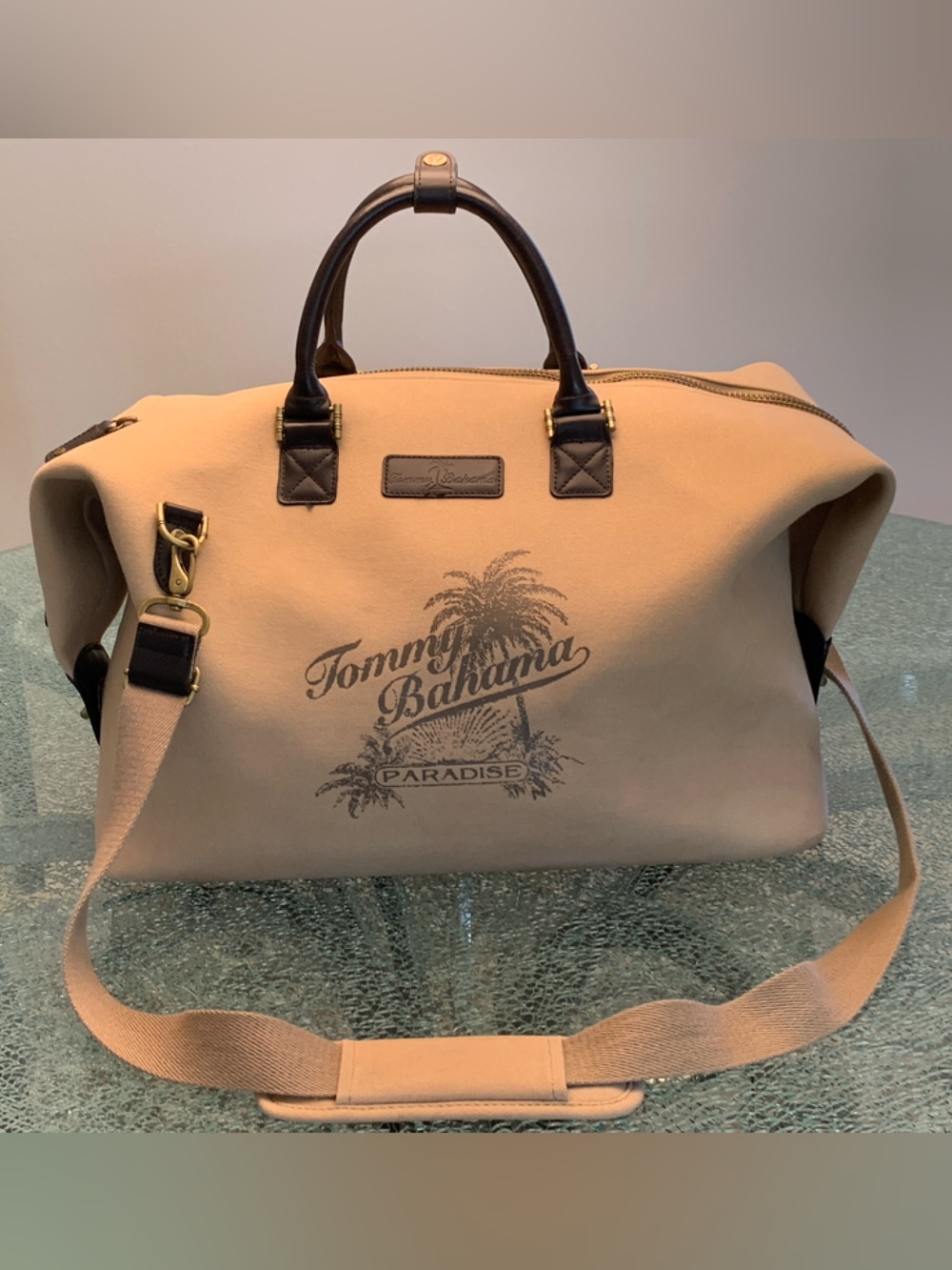 Tommy Bahama Beige Canvas Weekender with Dark Brown Accents